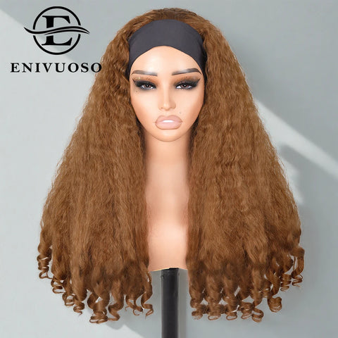 Afro Kinky Straight Headband Wigs For Black Women 22 Inch Natural Black Short Afro Yaki Straight Wigs With Headband Bouncy Curly