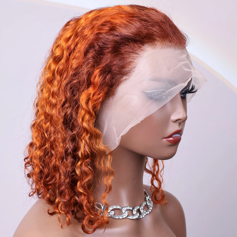 4/350 Highlight Color Short Bob Wigs Water Wave 13x4 Lace Frontal Wigs Brazilian Human Hair Deep Curly Wigs Ombre Ginger Color