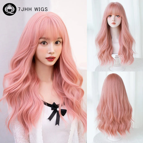 7JHH WIGS Honey Brown Wigs with Neat Bangs High Density Synthetic Loose Brown Hair Wig for Women Daily Use Beginner Friendly