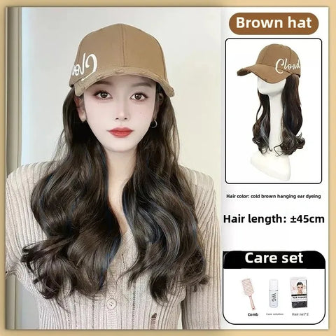 Korean Style Hat Wig Integrated Romantic Casual Face Slimming Long Curling Natural Comfortable Hair for Women