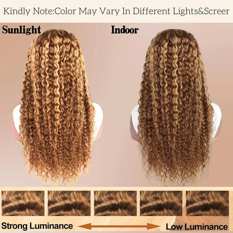 Deep Wave Highlight Ombre Invisi Strap 360 Full Hd Lace Frontal Wig 200 Density 427 Honey Blonde Curly Wig for Women 30 Inch