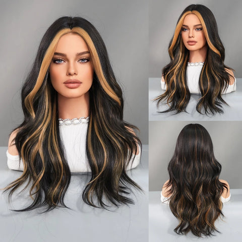 PARK YUN Costume Wig Long Wavy Brown Wig For Women Daily Party Dark Roots Synthetic Blonde Highlight Wigs High Density With Bang