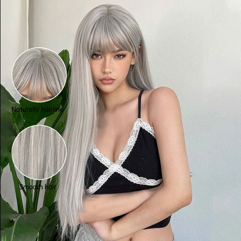 Long Straight Synthetic Wig Granny Gray Center Part Natural Bangs High Temperature Silk Wig For White Women Cosplay Daily