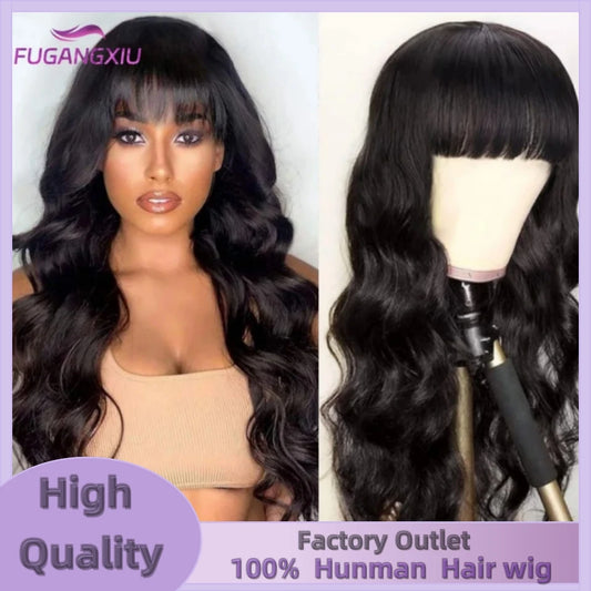 Long Body Wave Human Hair Wigs With Bangs Full Machine Made Wigs Natural Color Glueless Brazilian Human Hair None Lace Wigs