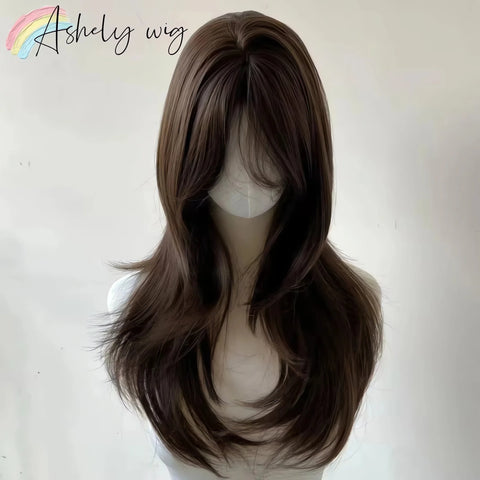 Ashely Brown Wig for Women Headband Body wave Synthetic Wigs with Curtains bangs High quality Hair Wig for daily use парик 가발
