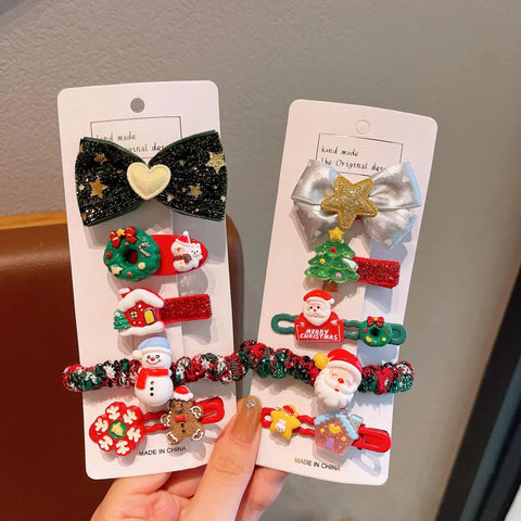 5/10 Pcs Children's Christmas Hair Accessories Set Heart Santa Claus Hair Clips & Gold Hair Bands Cute Buckles Tweezers For Girl