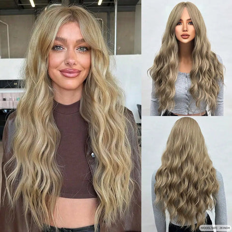 Fashion Purple to Gray Ombre Long Wavy Wig with Bangs for Women - 28 Inch Heat Resistant Synthetic Curls, Natural Style, Suitabl