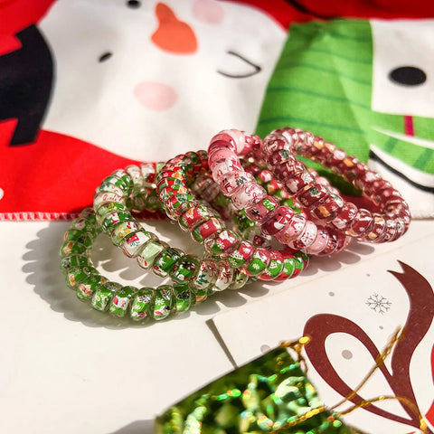 5PCS Christmas Telephone Cord Hair Ties-Cute Santa Snowflake Printed, Elastic Spiral Hair Bands For Women, Festive Holiday