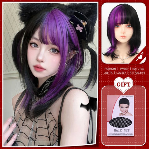WTB Synthetic Long Straight Hair Black Lolita Wigs with Bangs for Women Fashion Female Cosplay Party Christmas Wigs Multicolor