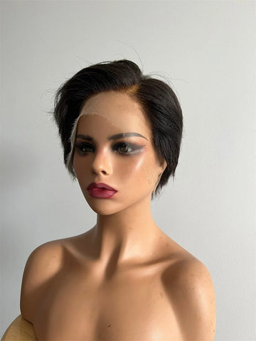 13X4 HD lace Salt and Pepper Pixie Cut Cuticles Aligned Virgin Human Hair front Lace Wig