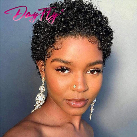 Short Afro Kinky Curly Hair Wigs For Black Women Human Hair African Fluffy Wig With Bangs Brazilian Pixie Cut Wigs Machine Made