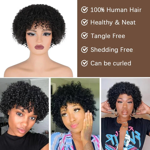 Short Curly Pixie Cut Wig with Bangs Glueless Afro Kinky Curly Brazilian Human Hair Wigs For Women Ready to Go Machine Made Wig