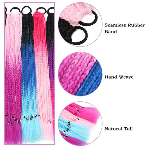 Synthetic 24Inch Y2K Rainbow Horsetail Wig Long Boxing Braid Hair Ponytail Extension High Temperature Fiber Hairpiece for Women