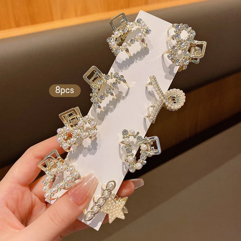 8 alloy rhinestone imitation pearl small hair claws, fashionable and sweet style hair clips suitable for daily use as hair acces