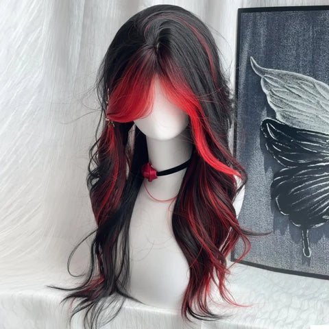 Black Ombre Red Layered Wig Synthetic Long Wavy Women Fluffy Lolita Style Cosplay Wig Middle Part for Daily Party