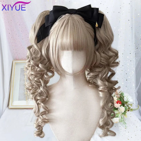 Synthetic Princess Cut Double ponytail Lolita Wig with Bangs Girl Ombre Blonde brown White gray Cosplay Halloween Harajuku wig