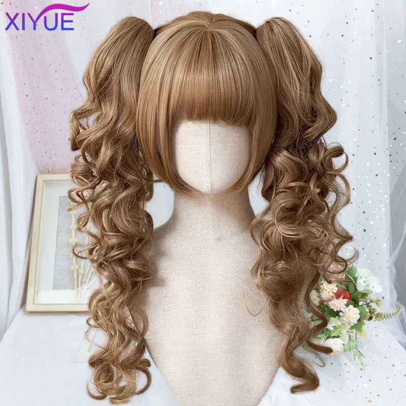 Synthetic Princess Cut Double ponytail Lolita Wig with Bangs Girl Ombre Blonde brown White gray Cosplay Halloween Harajuku wig