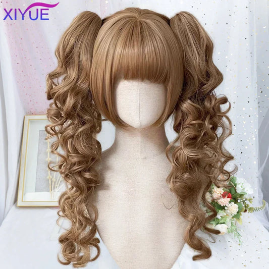 Synthetic Princess Cut Double ponytail Lolita Wig with Bangs Girl Ombre Blonde brown White gray Cosplay Halloween Harajuku wig