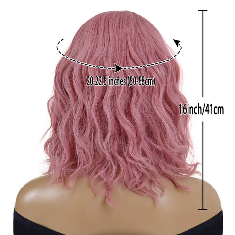 Natural Synthetic Hair Pink Short Wavy Wig for Women Curly Wigs with Bangs Water Wave Girls Cosplay Party Halloween Costume Wig