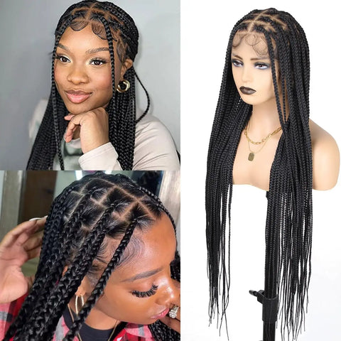 Synthetic Large Box Braided Wigs Jumbo Knotless 360° HD Full Lace Front Wigs For Black Women Jumbo Tribal Braids Faux Locs