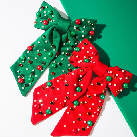 Christmas Bow Hairpin with Pearls - Festive Rhinestone Hair Clip for Women Holiday Party Hair Accessories