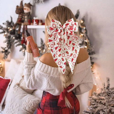 1PC Christmas Bow Hair Accessories Set, Festive Satin Snowflake/Santa Print Hair Bows,Red Green Holiday Hair Decor,Elegant Xmas