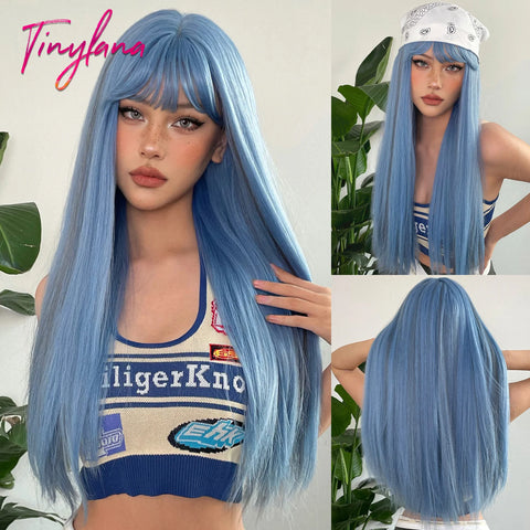 Long Straight Silver Ash Gray Synthetic Wigs Lolita Cosplay Natural Hair with Bangs for White Women Party Daily Heat Resistant