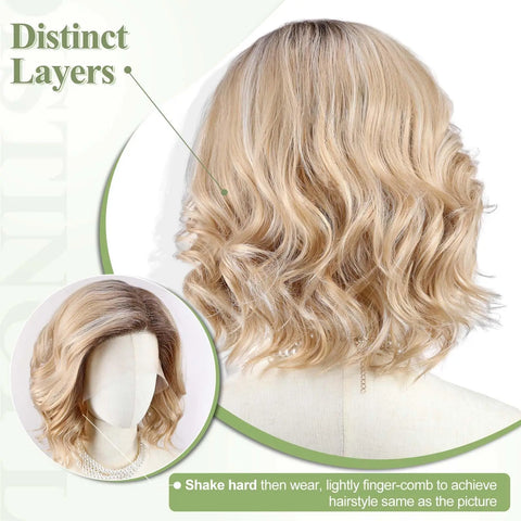 Short Wavy Synthetic Wig Ombre Blonde Layered Hair Side Part Lace Front Bob Wig 14 Inch Shoulder Length Heat Resistant Fiber