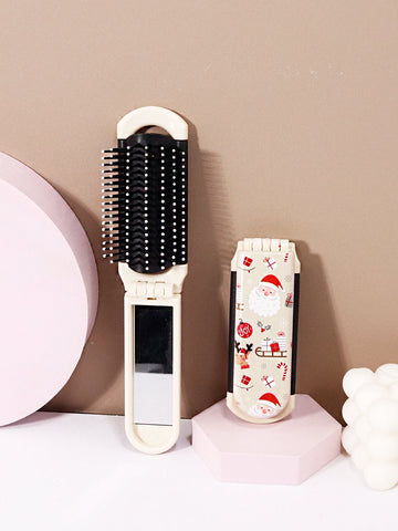1pc Compact portable folding mirror comb with Christmas element pattern, perfect gift for Christmas Special for real hair wigs