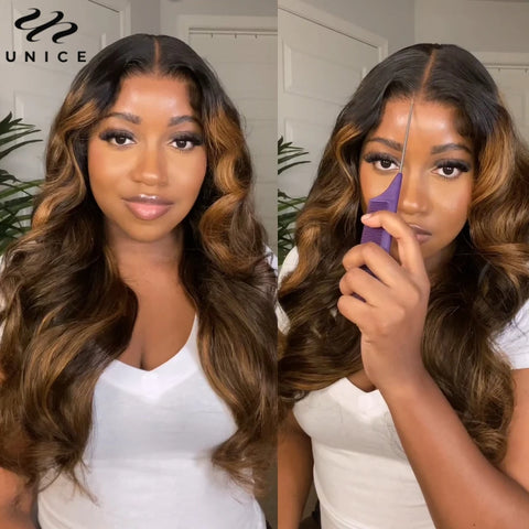 UNICE Hair Upgrade Drawstring Balayage Body Wave Wig 7x5 Pre Cut Pre Bleached Lace Front Human Hair Glueless Wig 150% Density