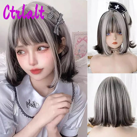 Shoulder Black Brown Layered Synthetic Natural Hair Wigs For Women Body Wave Daily Women's Wig with Curtain Bangs Heat Resistant