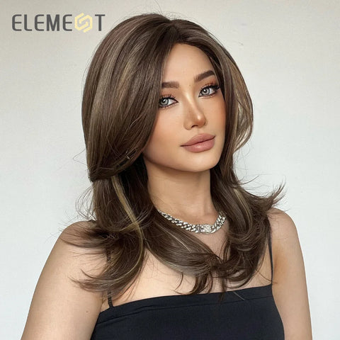 ELEMENT Synthetic Wig Medium Wavy Hair Brown Mixed Blonde Wigs for Women Daily Party Cool Heat Resistant Breathable Headband