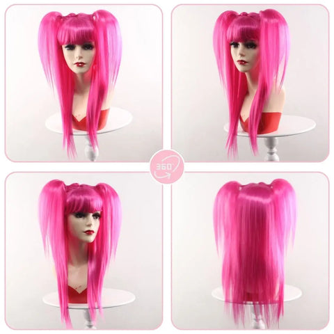 High quality rose red long double ponytail with neat bangs cosplay synthetic wig christmas and other festivals preferred
