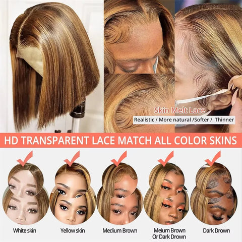 200% 16 Inch Highlight Short Bob Wigs 13X6 Straight Hd Lace Front Ombre Brown Frontal Glueless Bob Wig Human Hair Ready to Wear