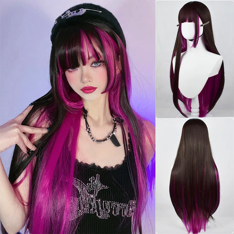 FOELISEE Synthetic 23inch Wig With Bangs Long Straight Black Highlight Red Wig For Women Cosplay Party Christmas Wig