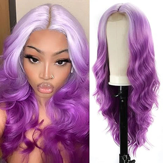 Long Wavy Purple Wigs for Women Synthetic Ombre Purple Curly Wavy Wig 26 Inch Middle Part Heat Resistant Wig  (Ombre Purple)