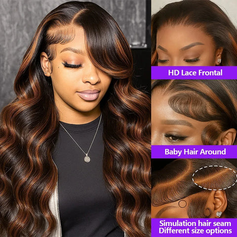 1B/30 4/27 Highlight Body Wave 13x4 Highlight Hd Lace Front Human Hair Wig 30 Inch Upgraded Omber Brown Colored Wigs Human Hair