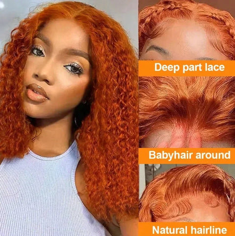 8-22Inch Deep Wave Bob Ginger Orange Lace Front Wigs Bob Human Hair Wig 14 Inch Orange13x4 Deep Wave Lace Frontal Bob Wigs Human