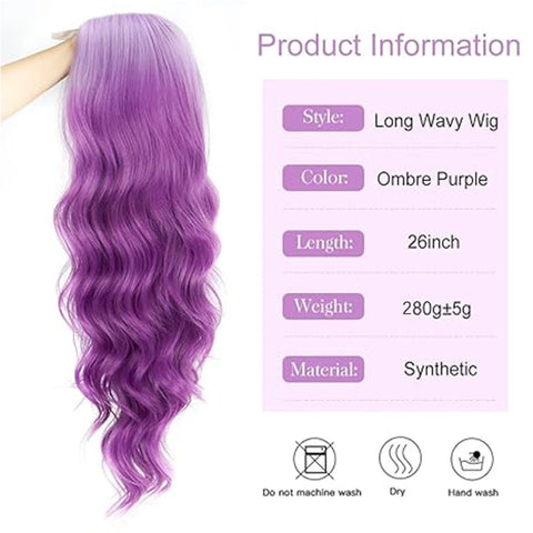Long Wavy Purple Wigs for Women Synthetic Ombre Purple Curly Wavy Wig 26 Inch Middle Part Heat Resistant Wig  (Ombre Purple)