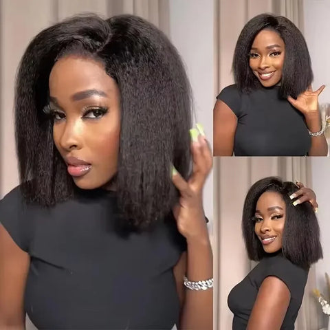 Kinky Straight 250% Density Short Bob 13x4 HD Lace Front Human Hair Wigs Women Peruvian Glueless Lace Frontal Wigs Coarse Yaki