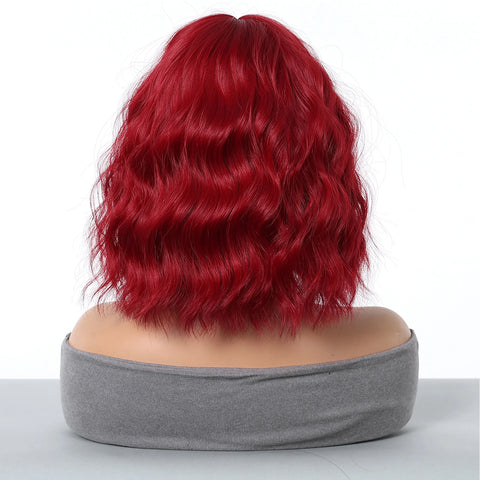 Christmas Short Curly Wavy Burgundy Wine Red Synthetic Wig Lolita Hair Wig with Bangs for Women Cosplay Party use Heat Resistant