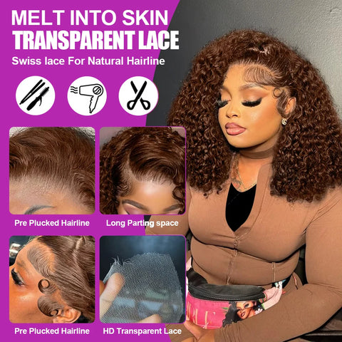 Bob Glueless Curly Human Hair Wig Water Deep Wave Pre cut Lace Wigs Chocolate Brown 7x5 Glueless Wigs 13x4 HD Lace Short Bob Wig