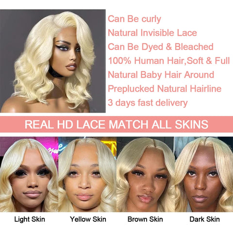 613 Blonde Body Wave Short Bob Human Hair Wig Water Wave 13x6 Hd Lace Frontal Wig Glueless Transparent Lace Front Human Hair Wig