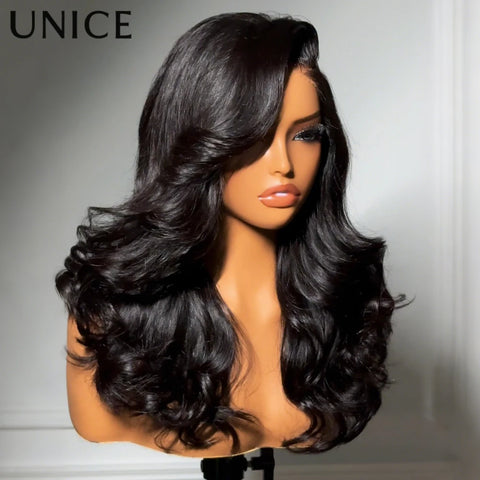 UNICE 200% Density Layered Cut Left Side Part Wavy Wig With Secure Silicone Strips & Drawstring Pre Cut 7x5 Lace Glueless Wig