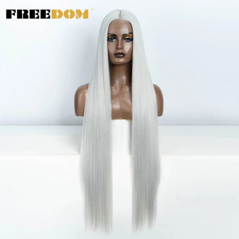 FREEDOM Straight Synthetic Lace Front Wig For Women 38 Inch Long Ombre Brown Red Blonde Hightlight Lace Frontal Wigs Cosplay Wig