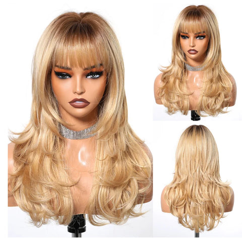 HENRY MARGU Grey Layered Synthetic Natural Wig Medium Length Straight Wig with Bangs for Women Daily Party Wigs Heat Resistant
