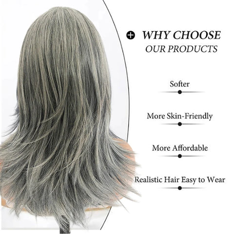 Silvery Gray Ombre Layered Wigs with Curtain Bangs for Women Synthetic Short Light Grey Wig Layered Gray Wavy Bob Wig Highlight