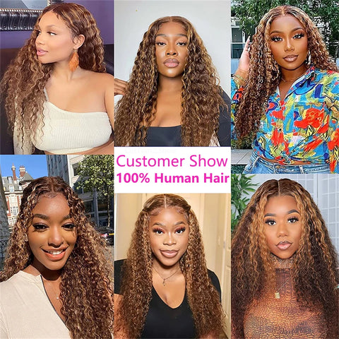 HD 13x6 Highlight Wig Human Hair Honey Blonde Brown Lace Front Wigs Deep Curly Human Hair Wig Water Wave 13x4 Lace Frontal Wig