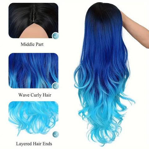 30Inch Long  wave wig Synthetic Hair Wig Black Blue Purple Gradient For Women  For Halloween Daily Cosplay Party wig