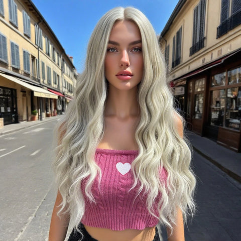 Fashion Purple to Gray Ombre Long Wavy Wig with Bangs for Women - 28 Inch Heat Resistant Synthetic Curls, Natural Style, Suitabl